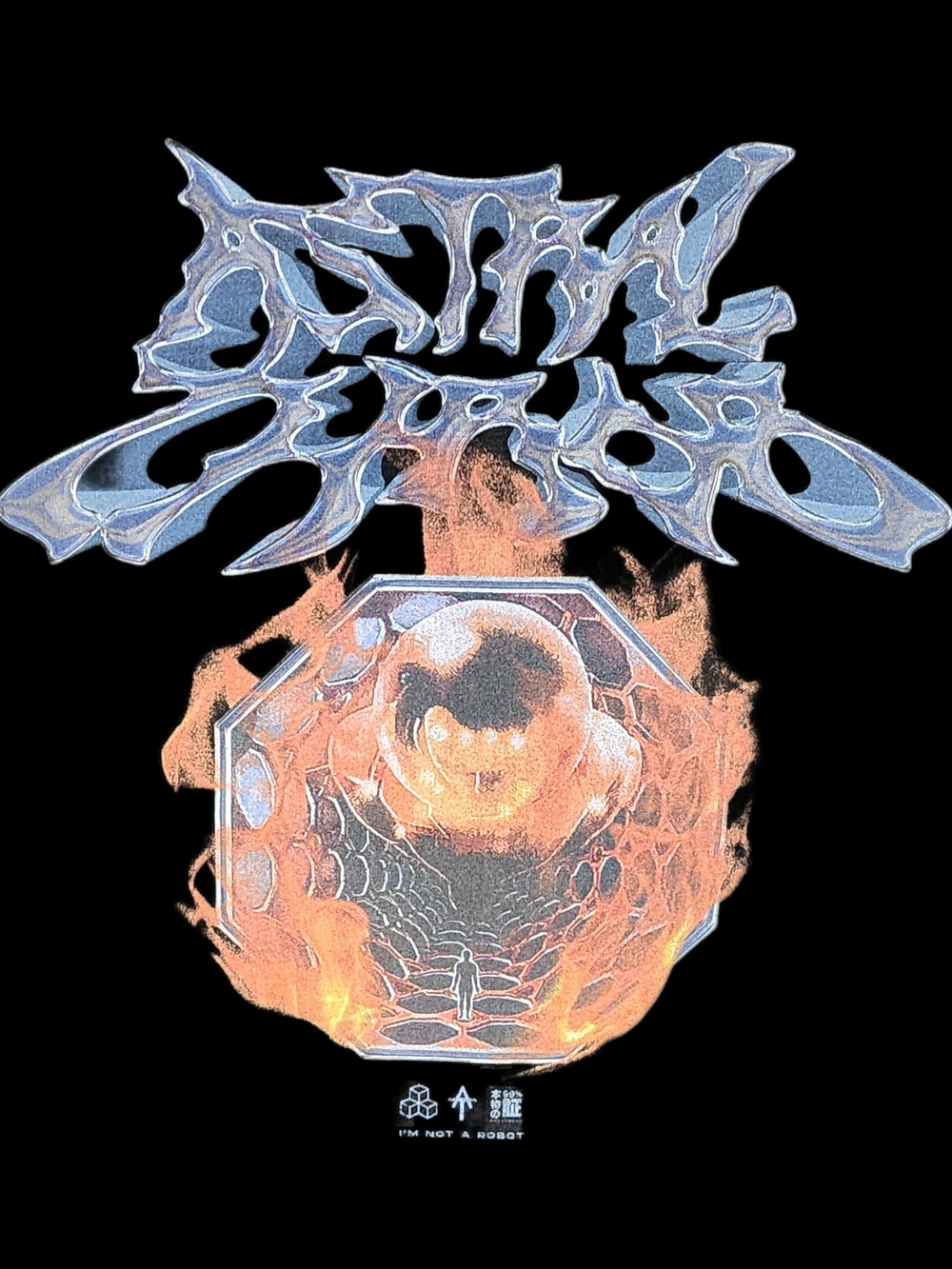 Astral Tee With Blue Script and Fiery Orange Orb - I'm Not a Robot